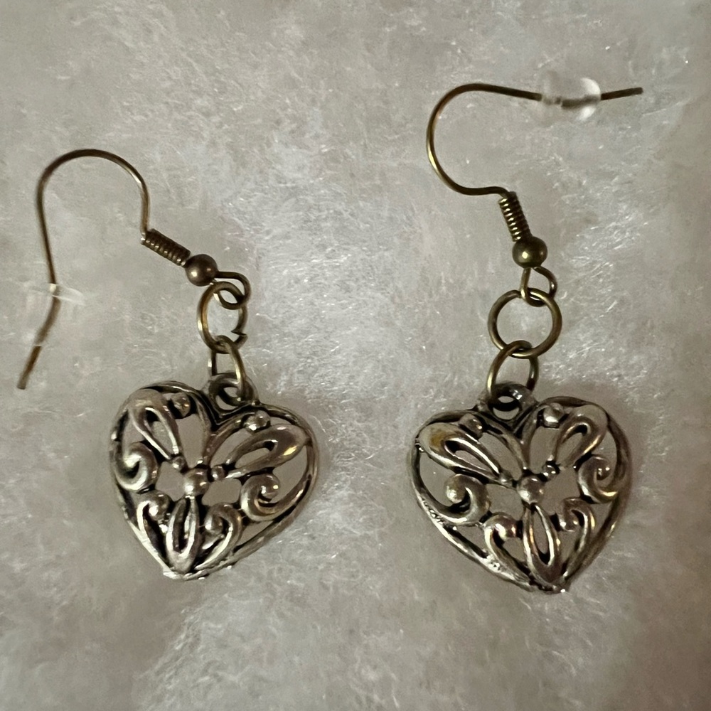 Dangling Heart Earrings in an Antique Metal Intricate Design